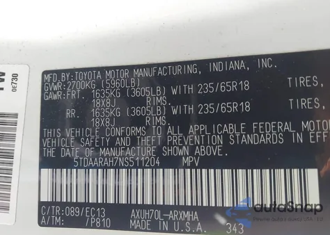 2022 Toyota Highlander Hybrid Xle Bronze Edition z USA, uszkodzony, nr VIN 5TDAARAH7NS511204